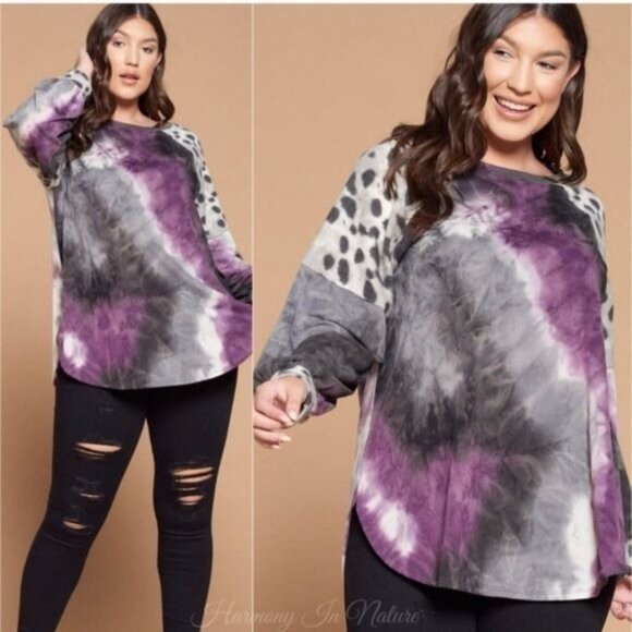 Womens Plus Size Top Purple Tie-Dye Leopard Print Long Sleeve by Emerald - Picture 3 of 12